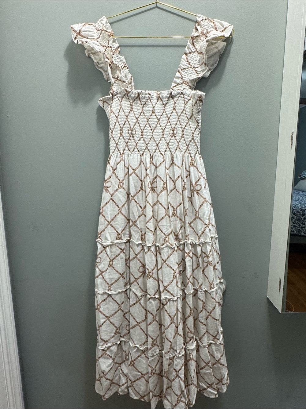 Hill House White & Tan Smocked Ruffle-strap Midi Dress